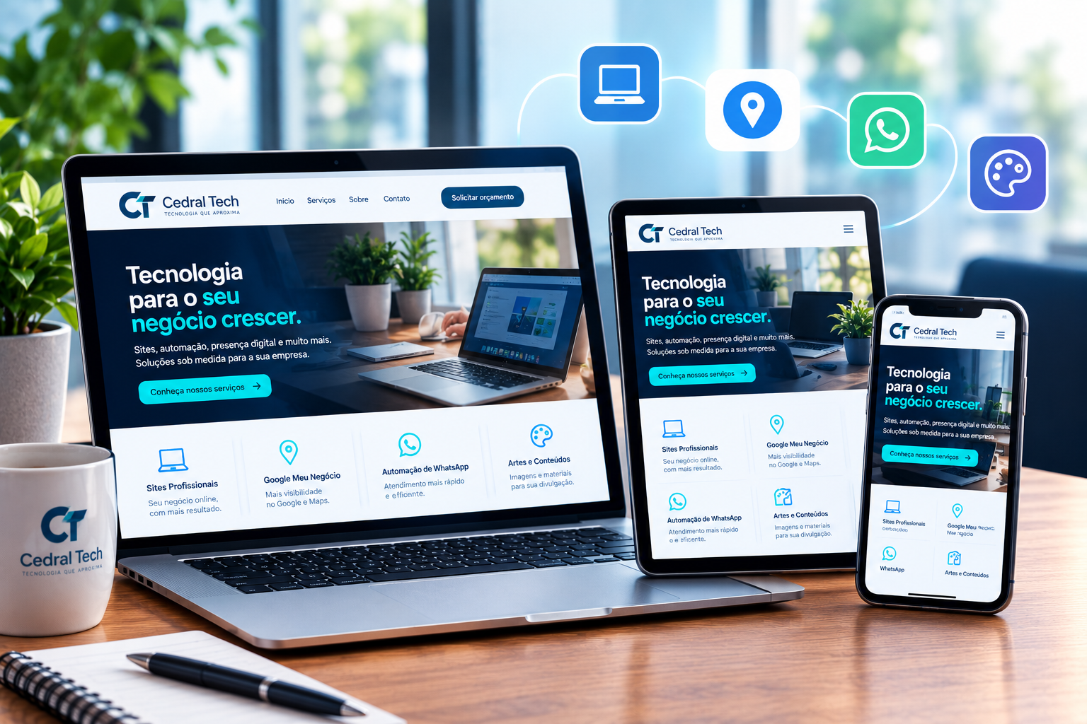 Site profissional da Cedral Tech apresentado em um ambiente de trabalho